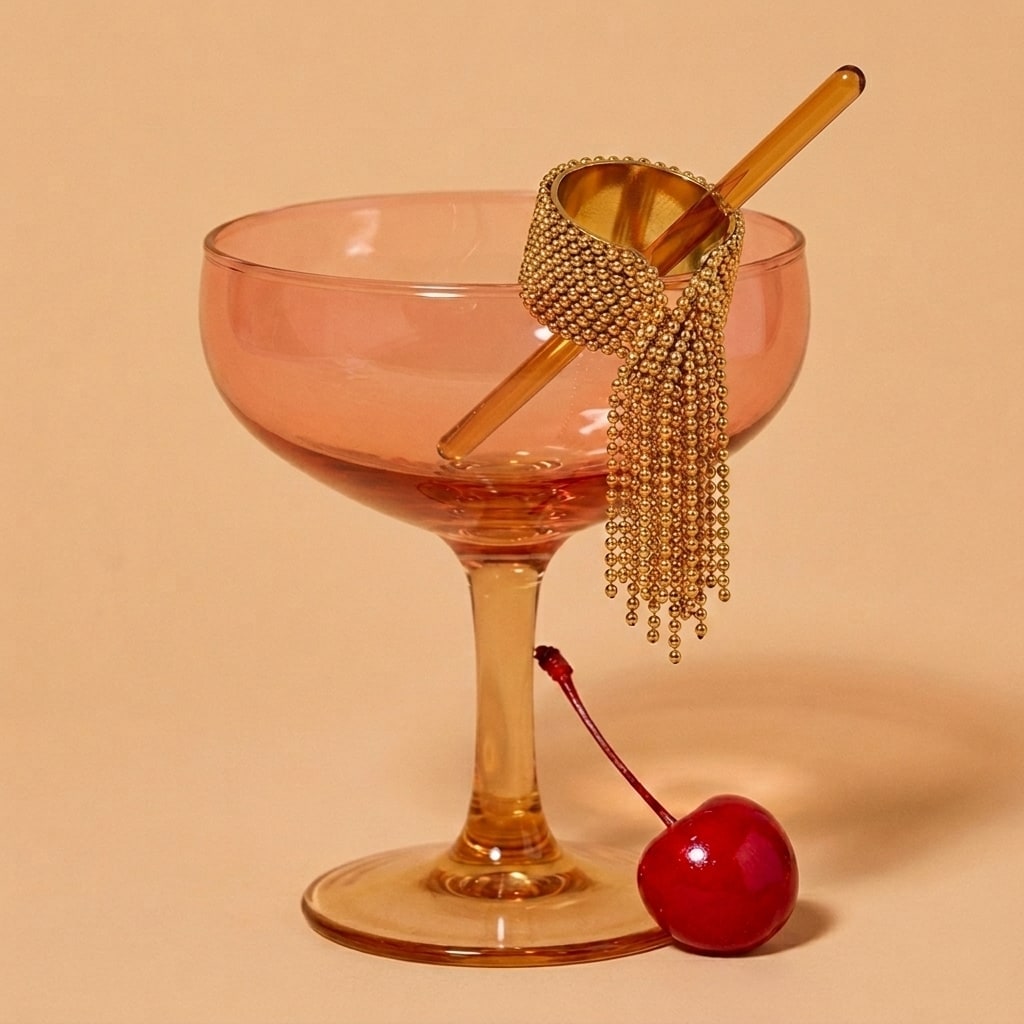 Bague dorée Bloom × Blaze suspendue à une paille dans un verre pêche avec cerise rouge.