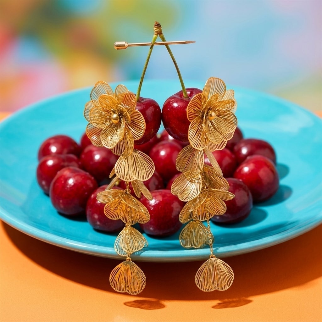 Boucles d'oreilles dorées Bloom × Blaze suspendues à des cerises rouges sur assiette turquoise.