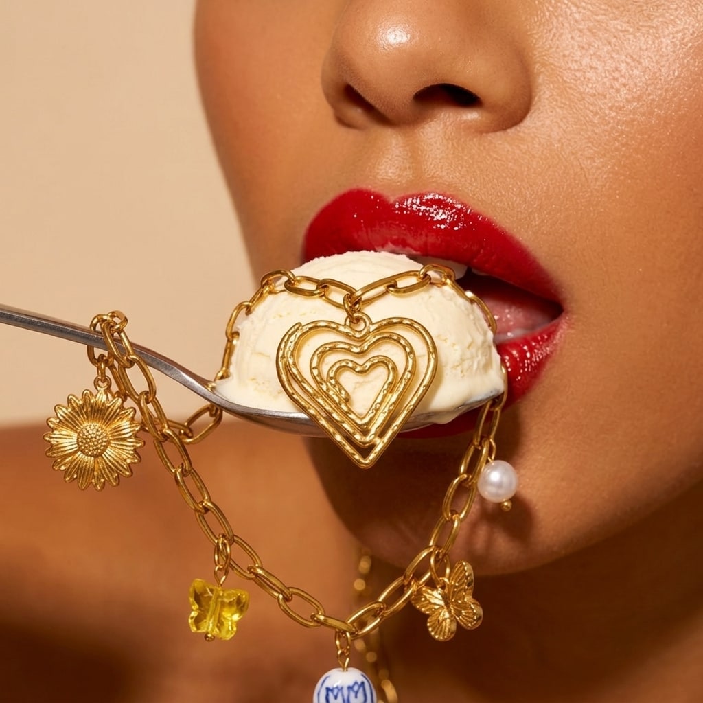 Collier doré Bloom × Blaze posé sur une cuillère de glace devant des lèvres rouges.