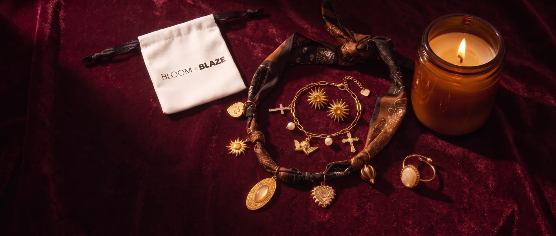 Pochette Bloom × Blaze avec bracelet, boucles d'oreilles et bague dorés sur velours bordeaux.
