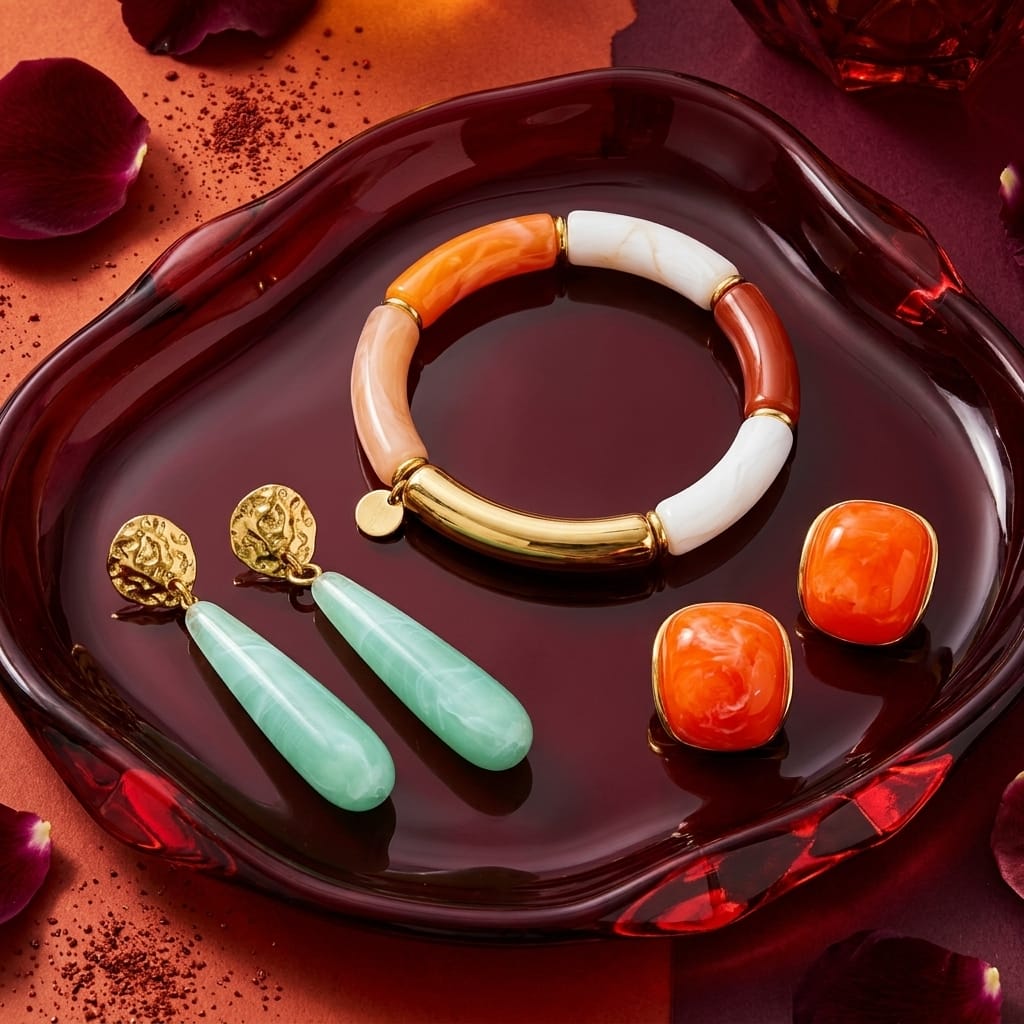 Bracelet, boucles d'oreilles vertes et clips orange sur un plateau bordeaux — l'esprit Blaze.