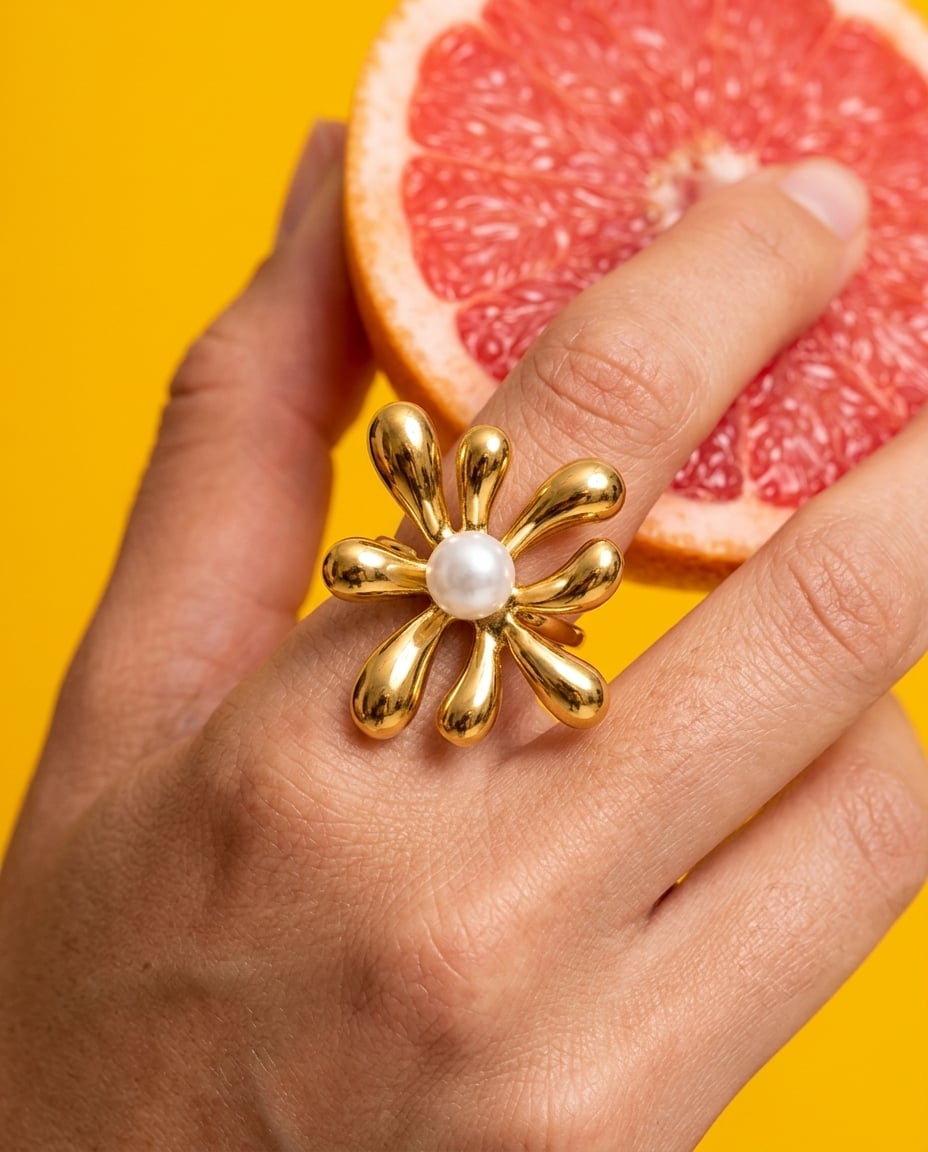 Bague fleur en acier inoxydable et perle portée | Bloom × Blaze