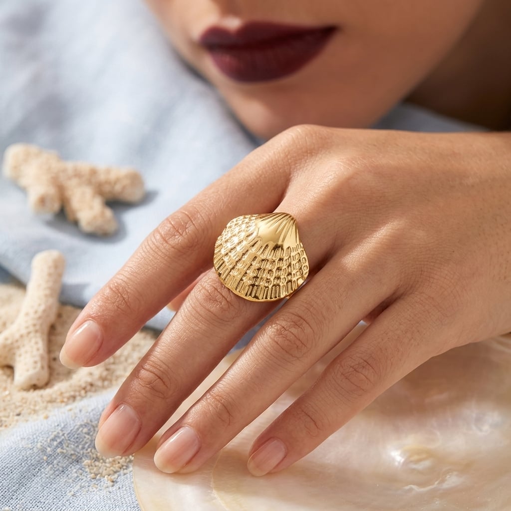 Bague ajustable coquillage texturé en acier inoxydable porté | Bloom × Blaze