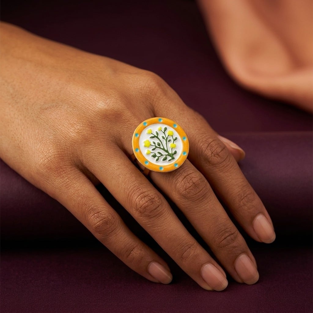 Bague ajustable médaillon émaillé motif floral en acier inoxydable doré porté | Bloom × Blaze