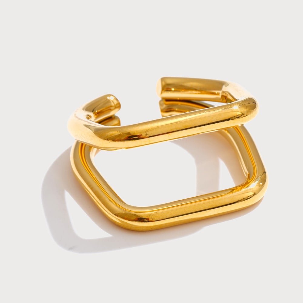 Bague ajustable double anneau géométrique carré en acier inoxydable | Bloom × Blaze