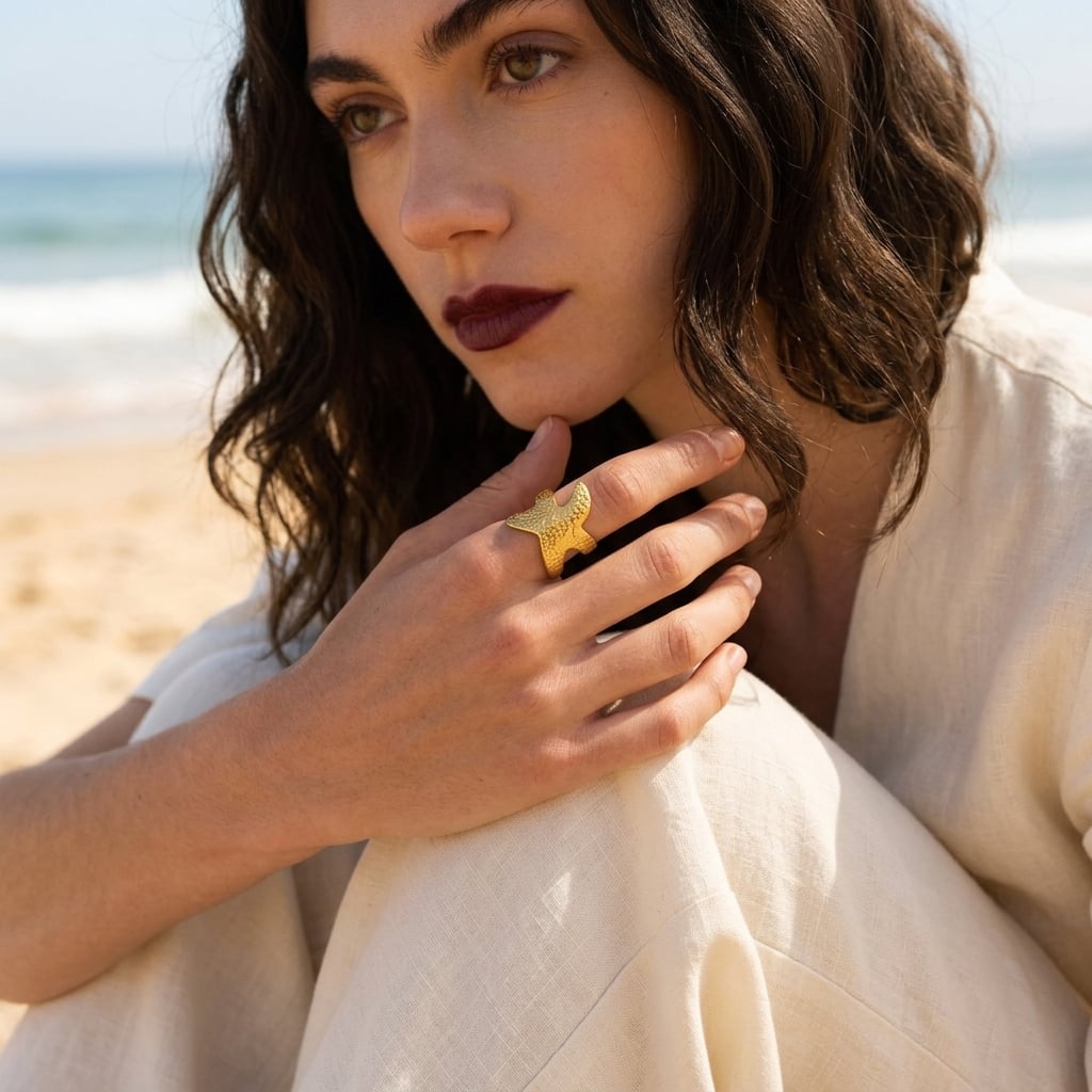 Bague ajustable étoile de mer martelée en acier inoxydable porté | Bloom × Blaze