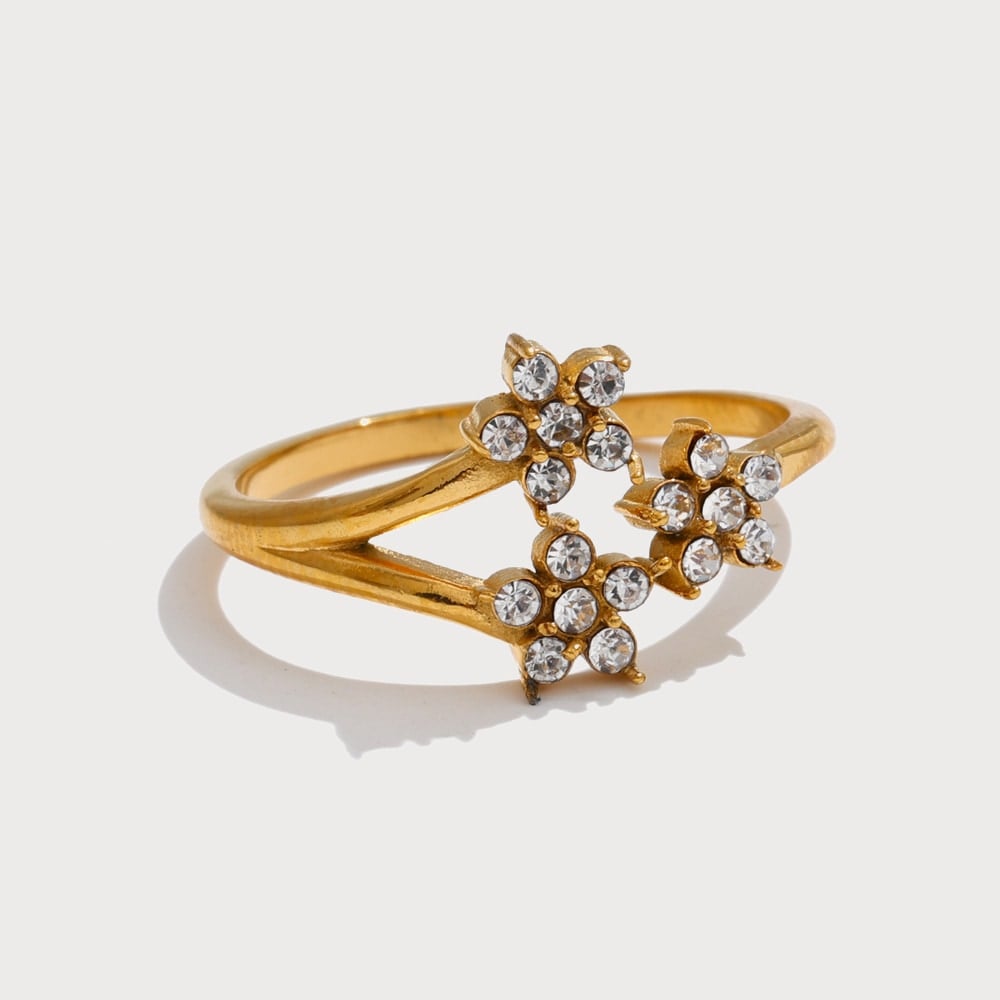 Bague ajustable fleurs en acier inoxydable doré et zircone | Bloom × Blaze