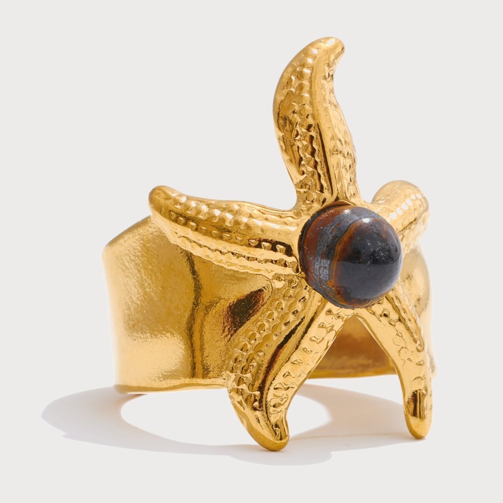 Bague ajustable étoile de mer et pierre d'oeil de tigre en acier inoxydable doré | Bloom × Blaze