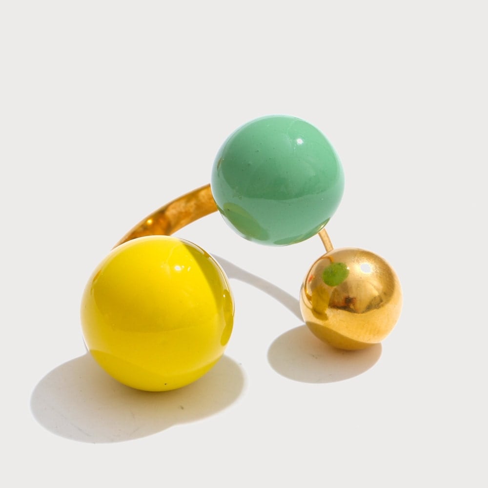 Bague ajustable à trois boules émaillées en acier inoxydable doré | Bloom × Blaze