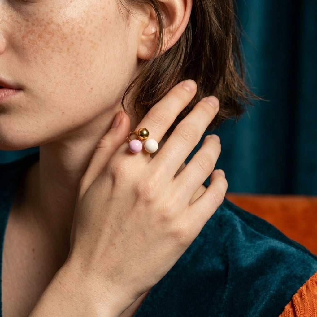 Bague ajustable à trois boules émaillées en acier inoxydable doré porté | Bloom × Blaze