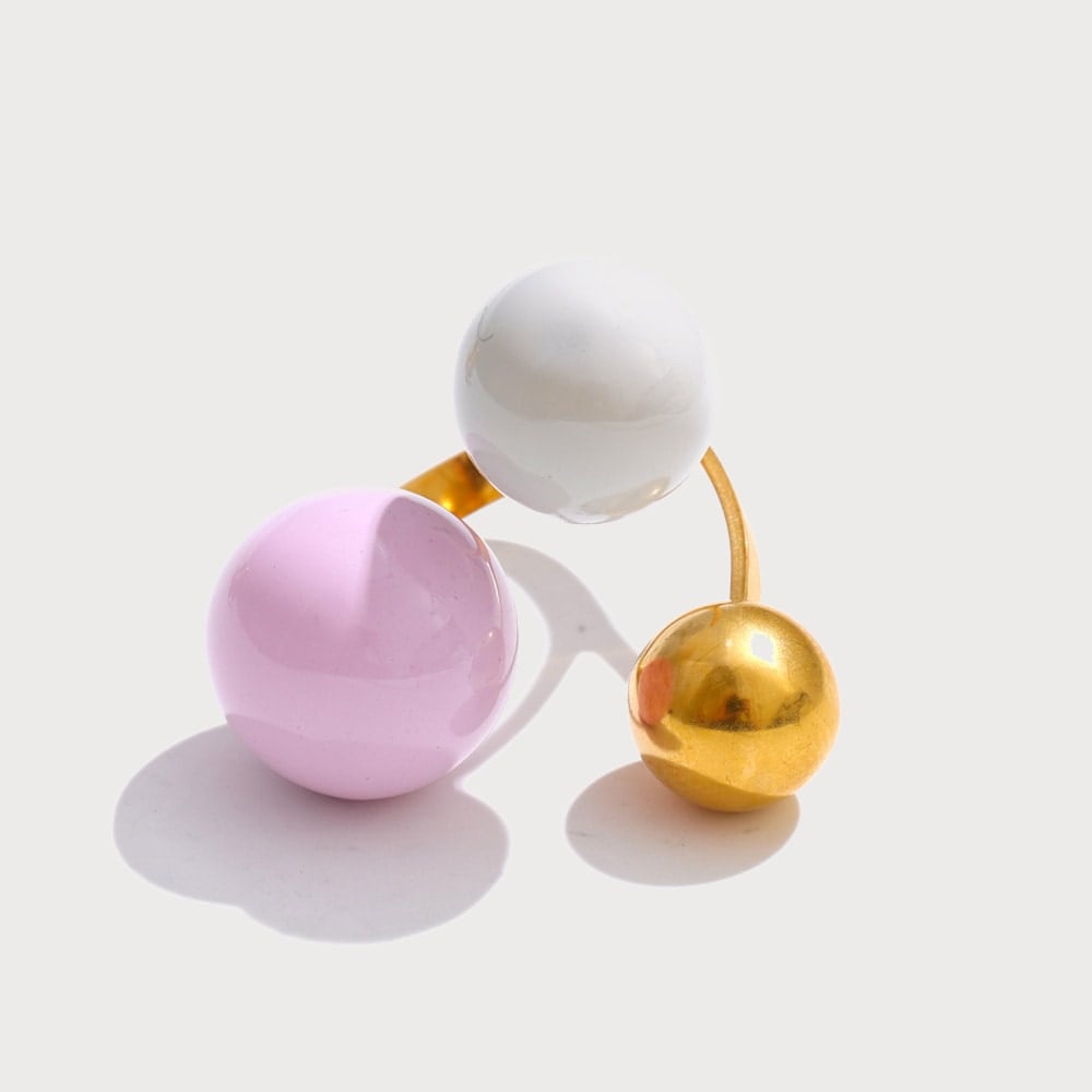 Bague ajustable à trois boules émaillées en acier inoxydable doré | Bloom × Blaze