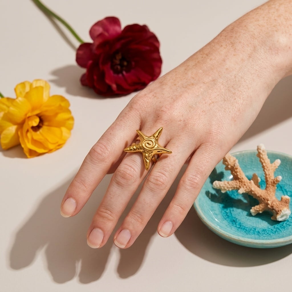 Bague ajustable étoile de mer en acier inoxydable doré porté | Bloom × Blaze
