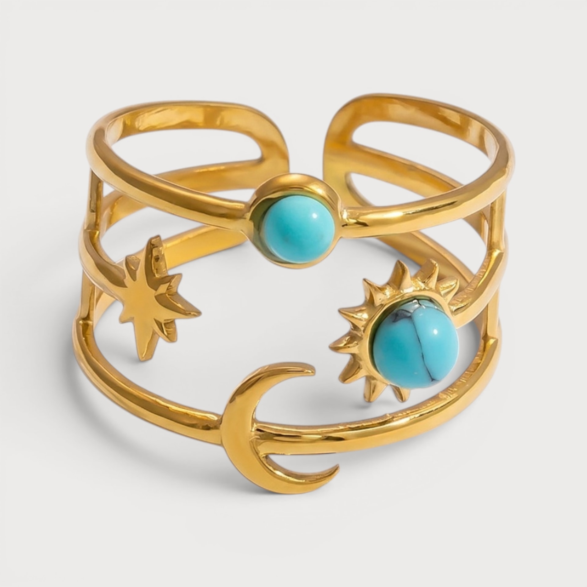 Bague triple anneau astres et turquoises en acier doré | Bloom × Blaze