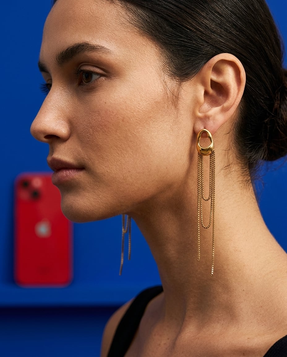Boucles d'oreilles pendantes chaînes et gland en acier inoxydable portées | Bloom × Blaze