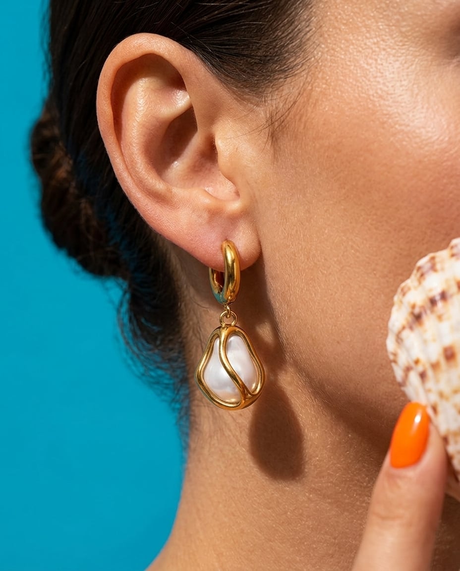Boucles d'oreilles pendantes géométriques en acier inoxydable et perle portées | Bloom × Blaze