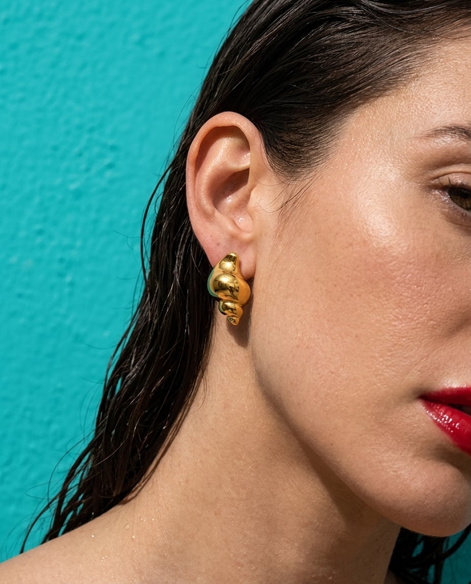Boucles d'oreilles conque marine en acier inoxydable portées | Bloom × Blaze