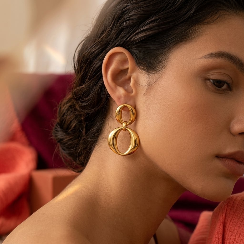 Boucles d'oreilles pendantes deux anneaux ovales en acier inoxydable porté | Bloom × Blaze