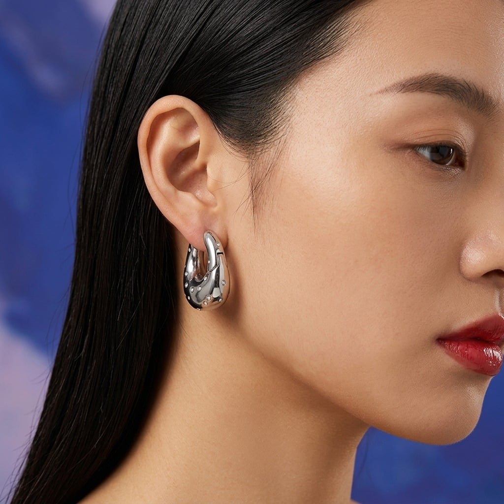 Boucles d'oreilles créoles bombées à zircone en acier inoxydable porté | Bloom × Blaze
