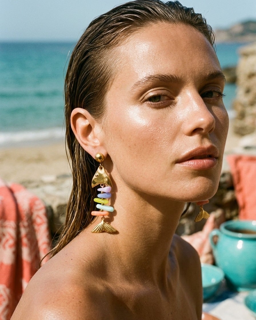 Boucles d'oreilles poisson en acier inoxydable et résine portées | Bloom × Blaze
