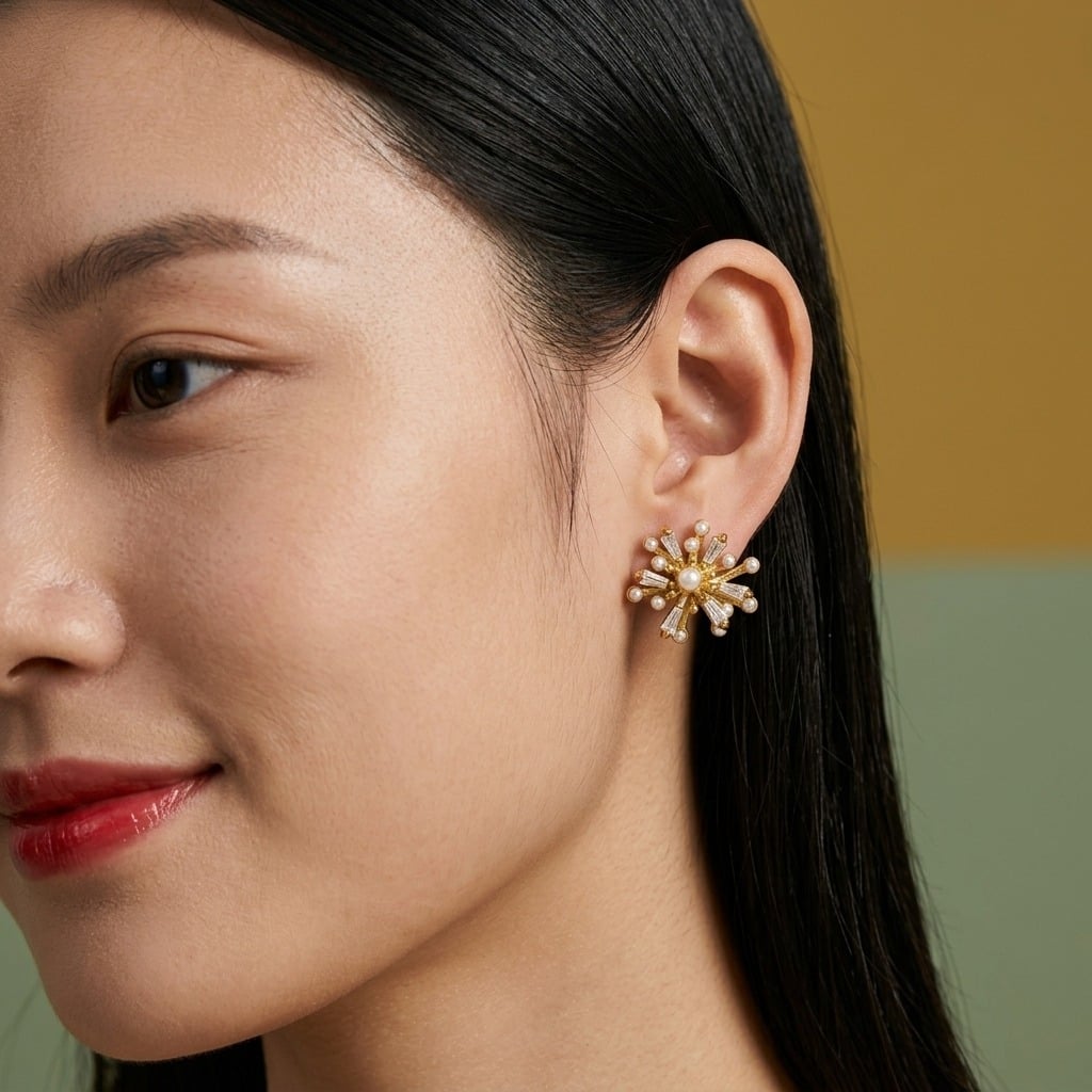 Boucles d'oreilles puces étoile en acier inoxydable doré, perles et zircones porté | Bloom × Blaze