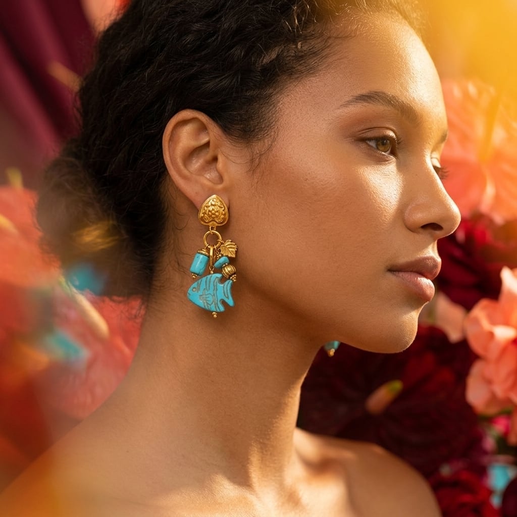 Boucles d'oreilles pendantes poisson en pierre naturelle et acier inoxydable doré porté | Bloom × Blaze