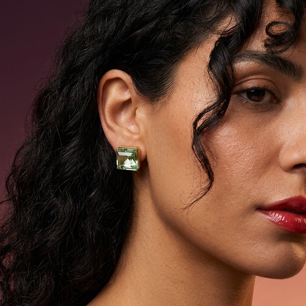 Boucles d'oreilles puces carrées en cristal facetté et acier inoxydable doré porté | Bloom × Blaze