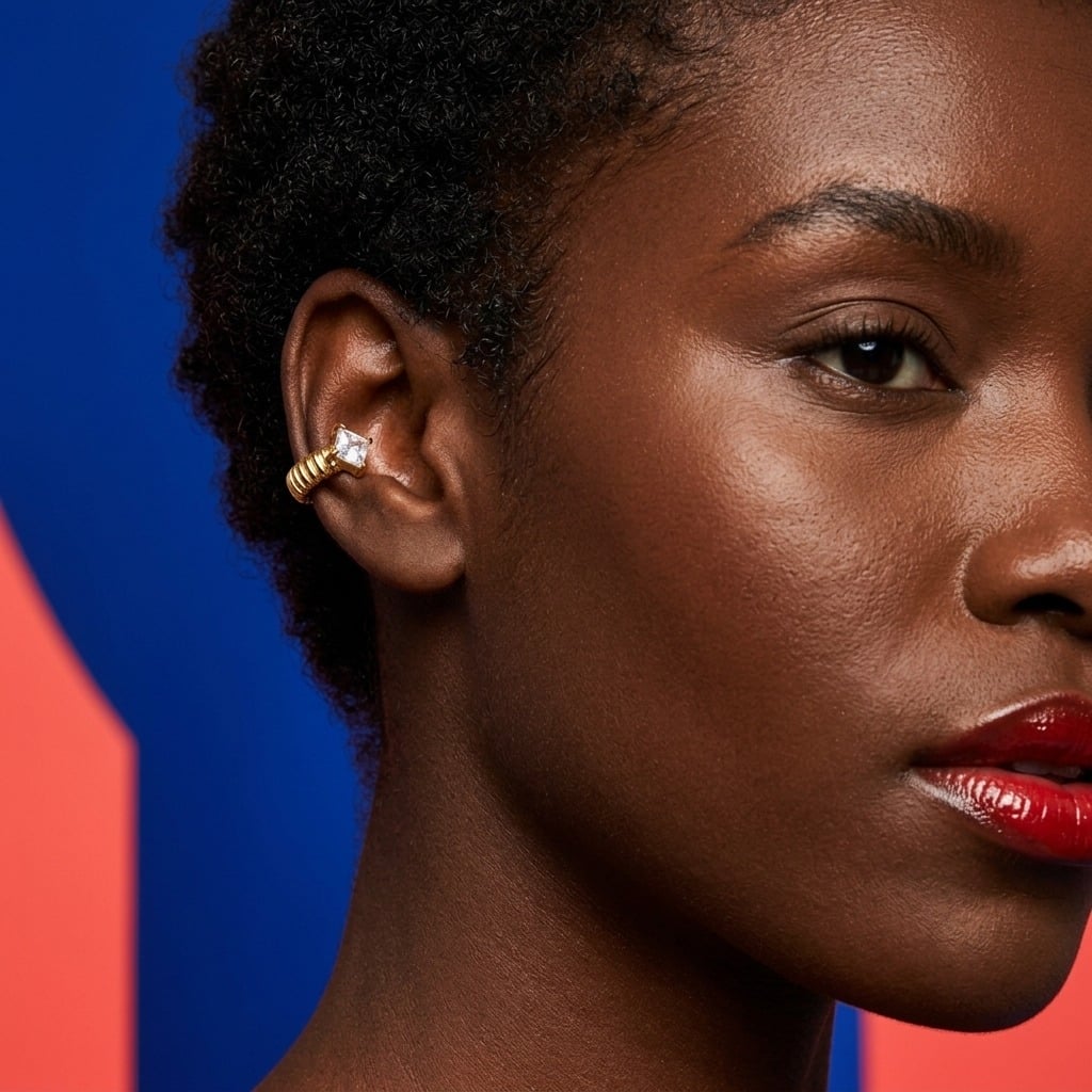 Bague d'oreille côtelée et zircone carrée en acier inoxydable porté | Bloom × Blaze