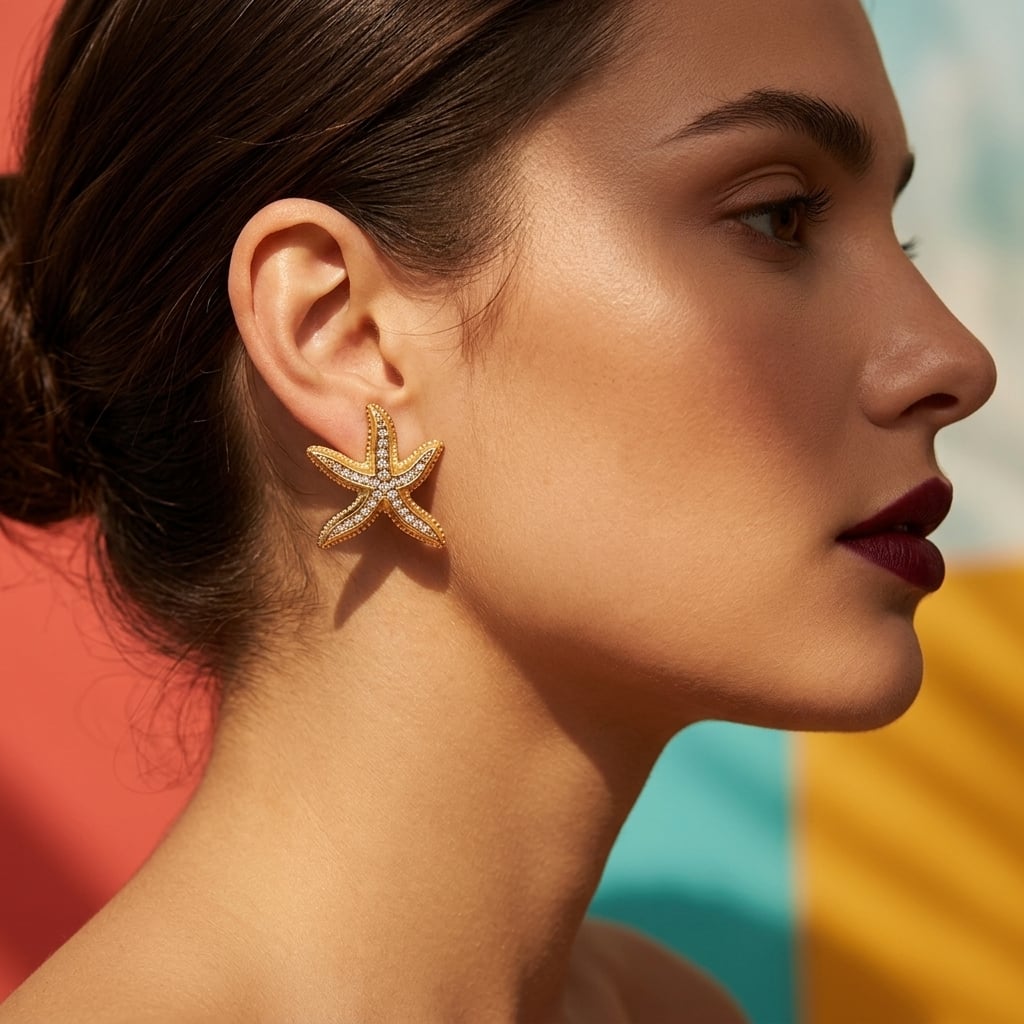 Boucles d'oreilles puces étoile de mer en acier inoxydable et zircone porté | Bloom × Blaze
