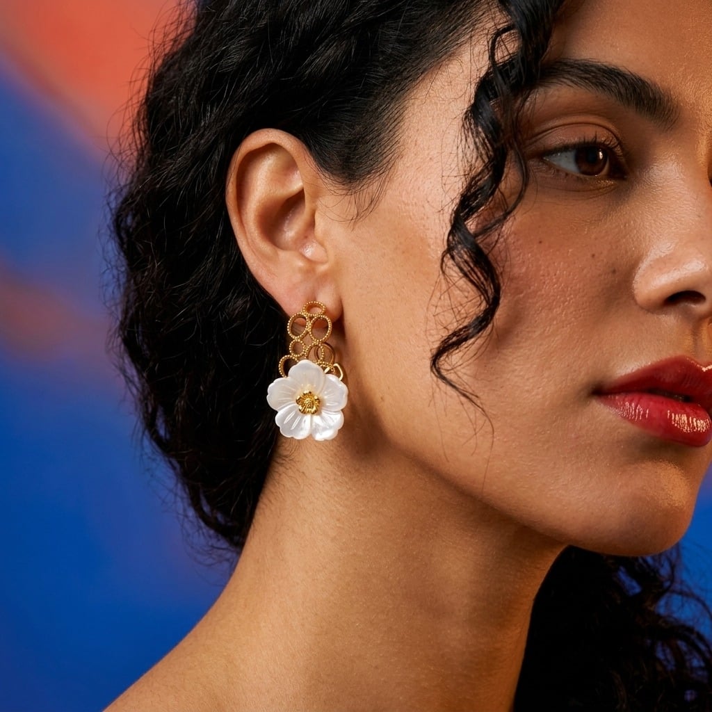 Boucles d'oreilles créoles fleur en résine et acier inoxydable doré porté | Bloom × Blaze