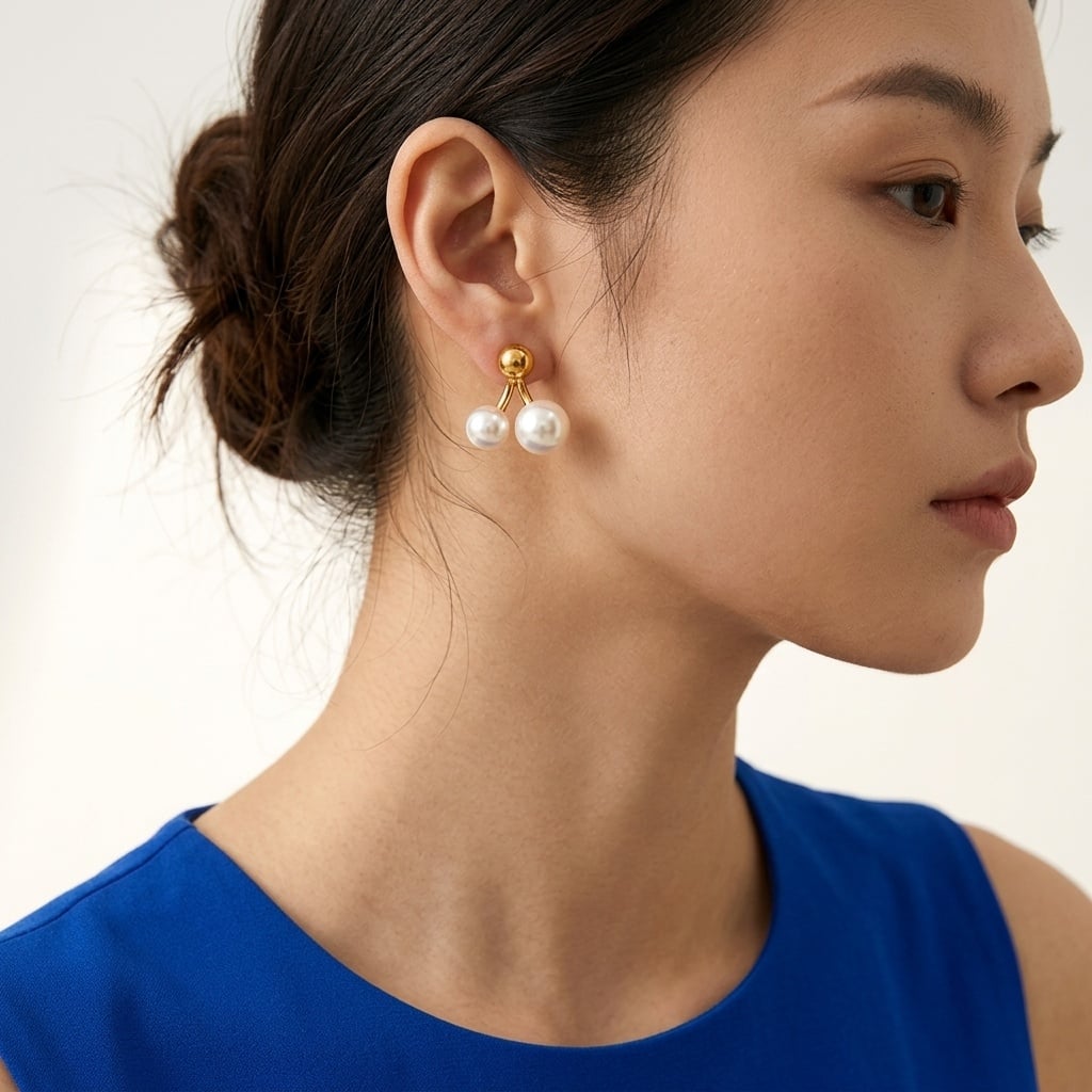 Boucles d'oreilles double perle de synthèse en acier inoxydable porté | Bloom × Blaze