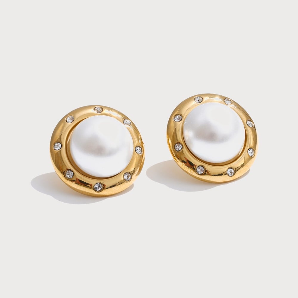 Boucles d'oreilles rondes perle et strass en acier inoxydable | Bloom × Blaze