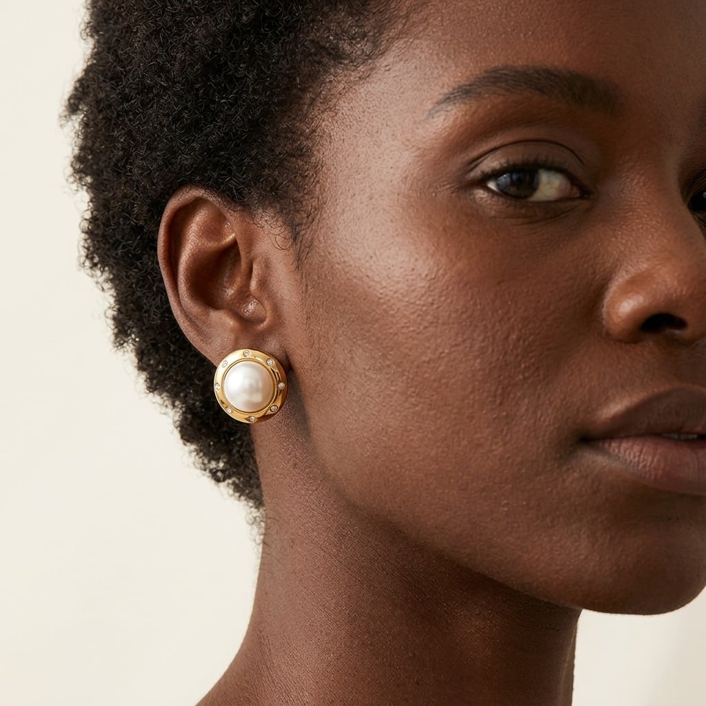 Boucles d'oreilles rondes perle et strass en acier inoxydable porté | Bloom × Blaze