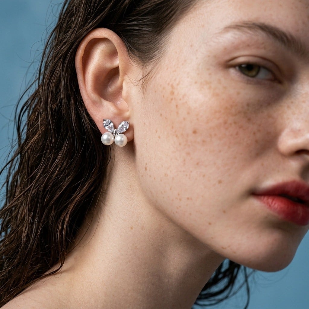 Puces d'oreilles papillon en acier inoxydable et zircone cubique portées | Bloom × Blaze