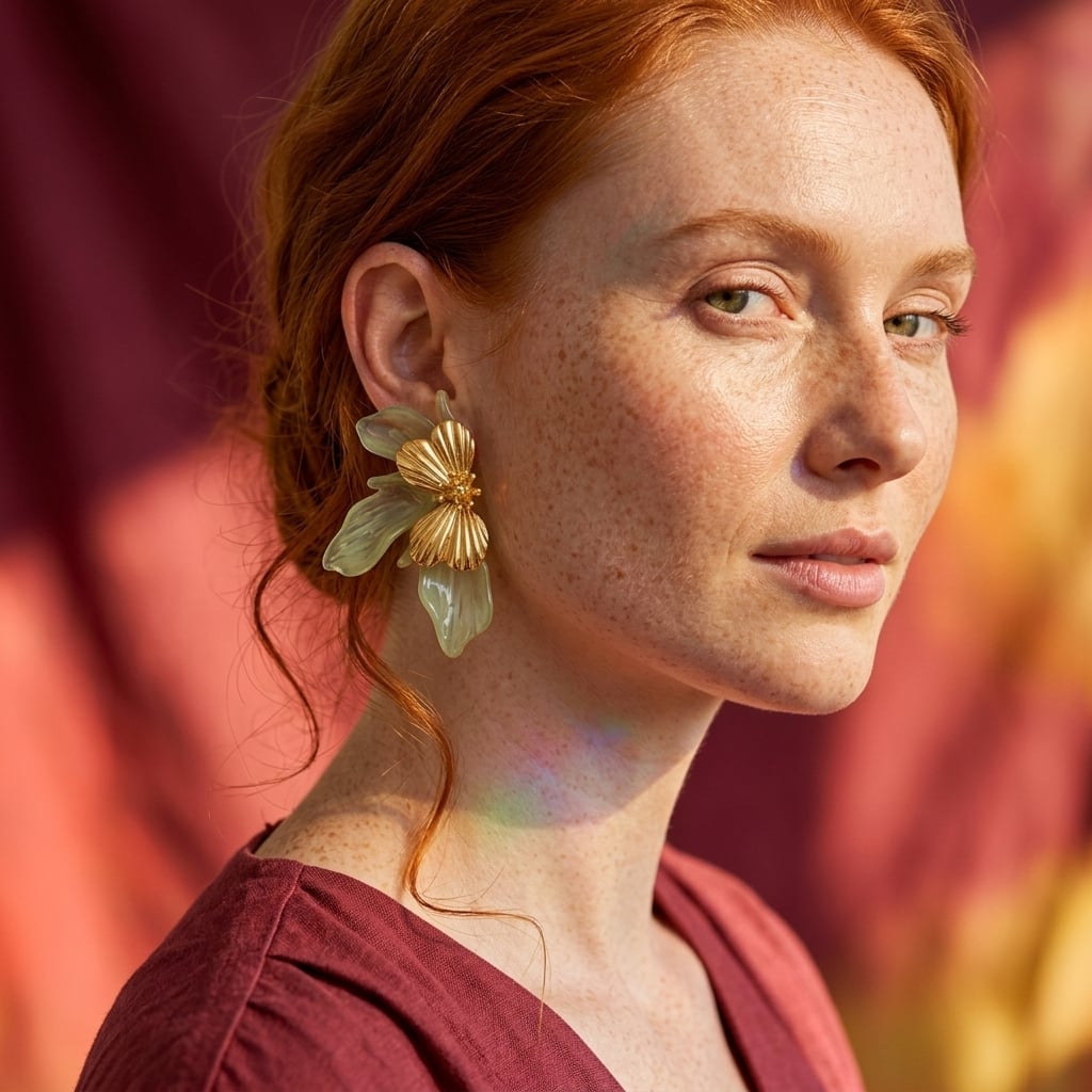 Boucles d'oreilles clous fleur en acier inoxydable doré et résine porté | Bloom × Blaze