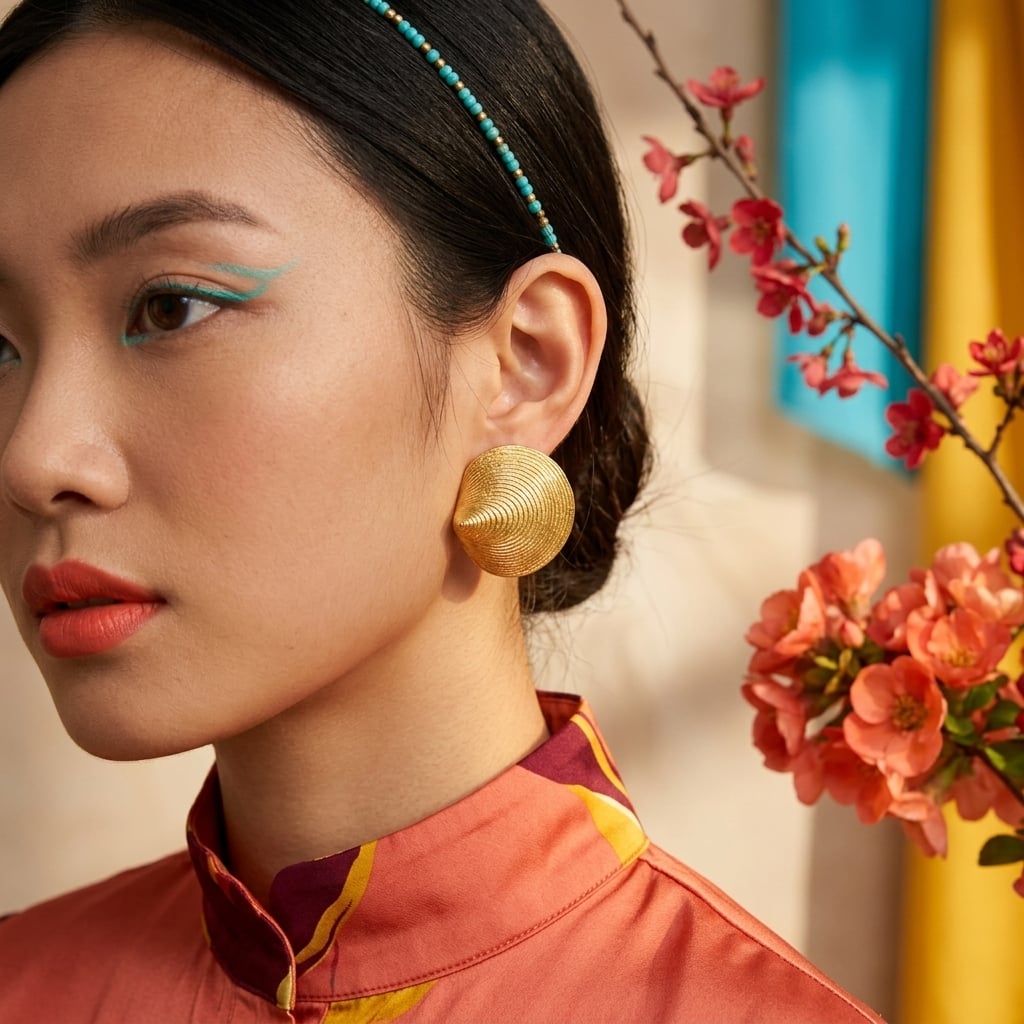 Boucles d'oreilles puces coquille texturée en acier inoxydable doré porté | Bloom × Blaze