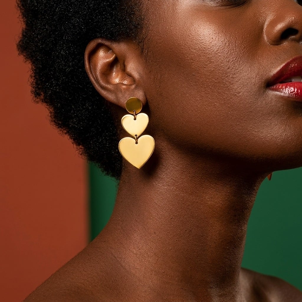 Boucles d'oreilles pendantes double cœur en acier inoxydable porté | Bloom × Blaze
