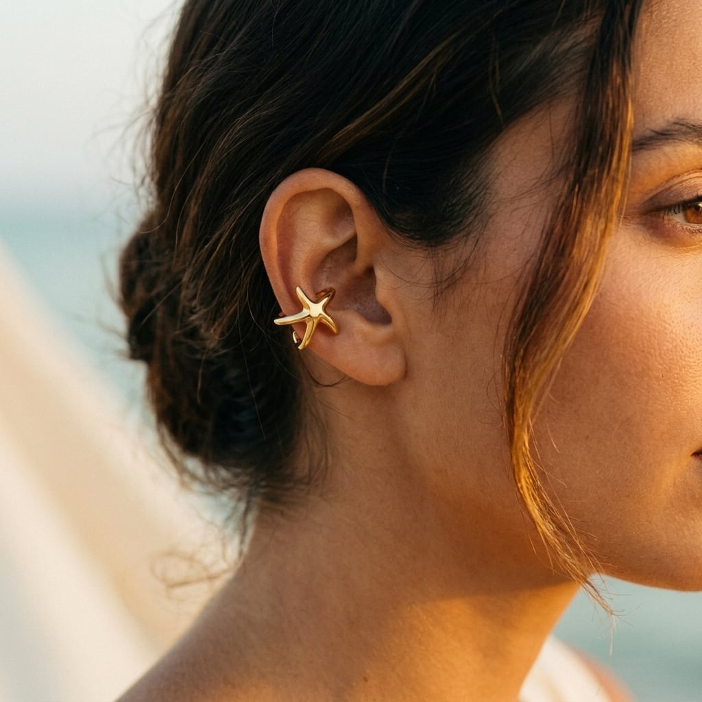Ear cuff étoile de mer à clipser en acier inoxydable porté | Bloom × Blaze