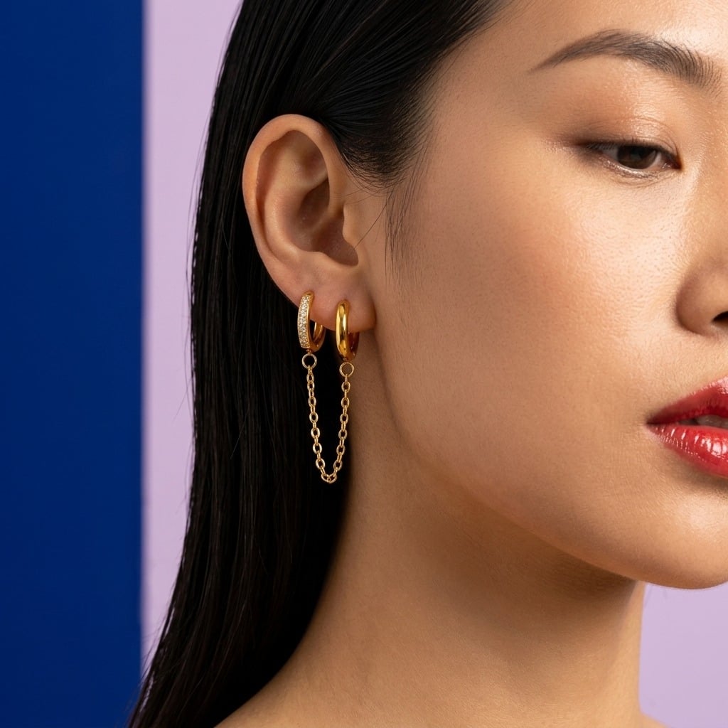 Boucles d'oreilles huggies multi-anneaux à chaînes en acier inoxydable doré porté | Bloom × Blaze