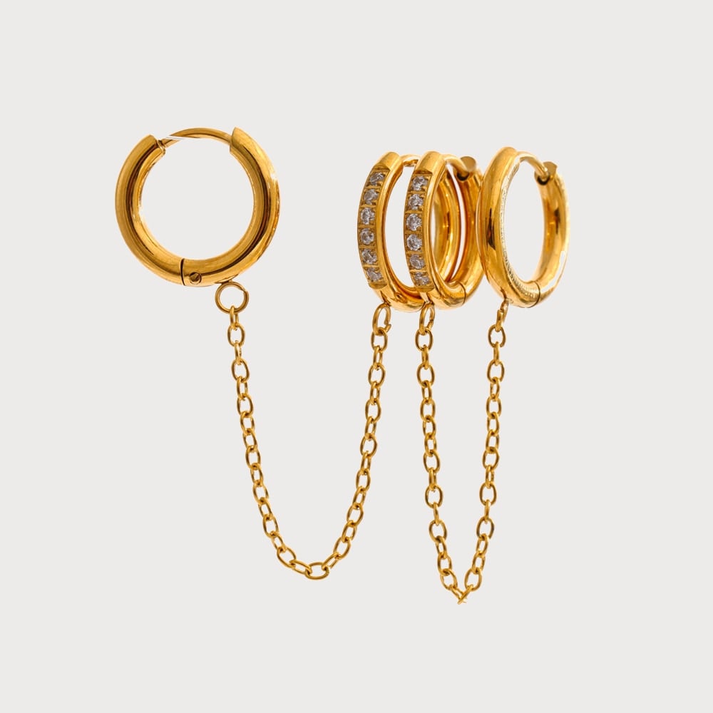 Boucles d'oreilles huggies multi-anneaux à chaînes en acier inoxydable doré | Bloom × Blaze