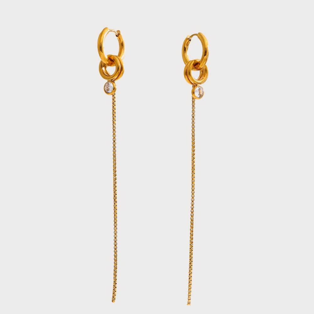 Boucles d'oreilles créoles à chaîne pendante et zircone en acier inoxydable doré | Bloom × Blaze