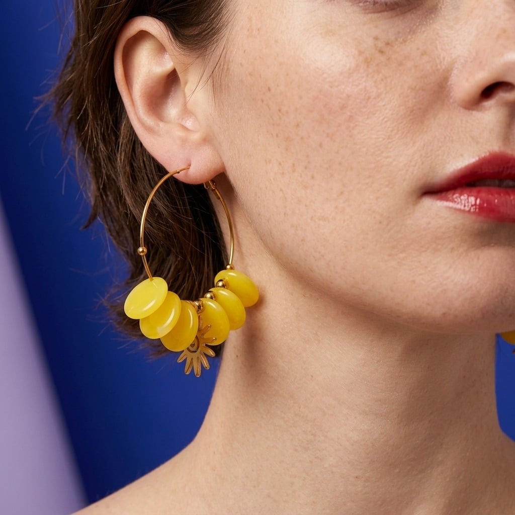 Boucles d'oreilles créoles à pastilles de résine et acier inoxydable porté | Bloom × Blaze