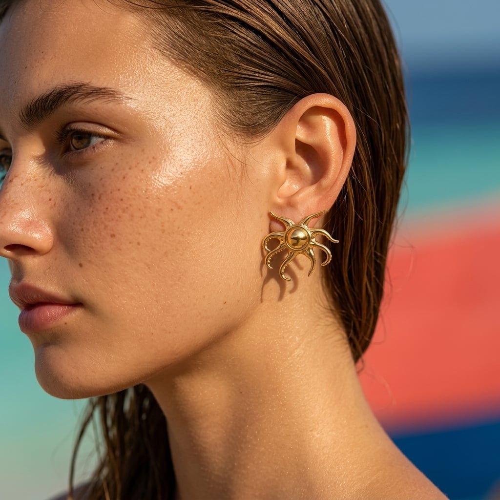Boucles d'oreilles pieuvre stylisée en acier inoxydable porté | Bloom × Blaze