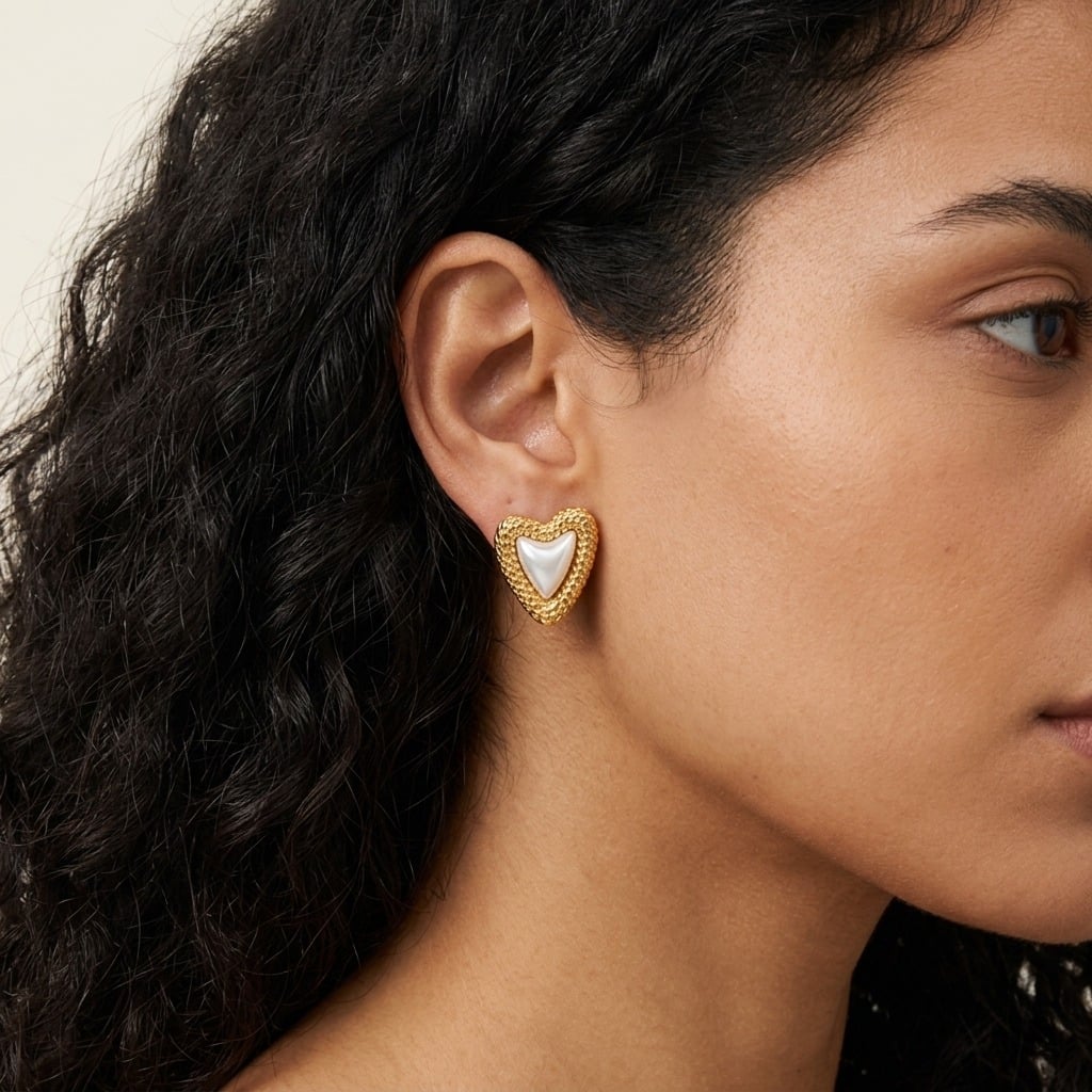Boucles d'oreilles cœur à perle de synthèse en acier inoxydable porté | Bloom × Blaze