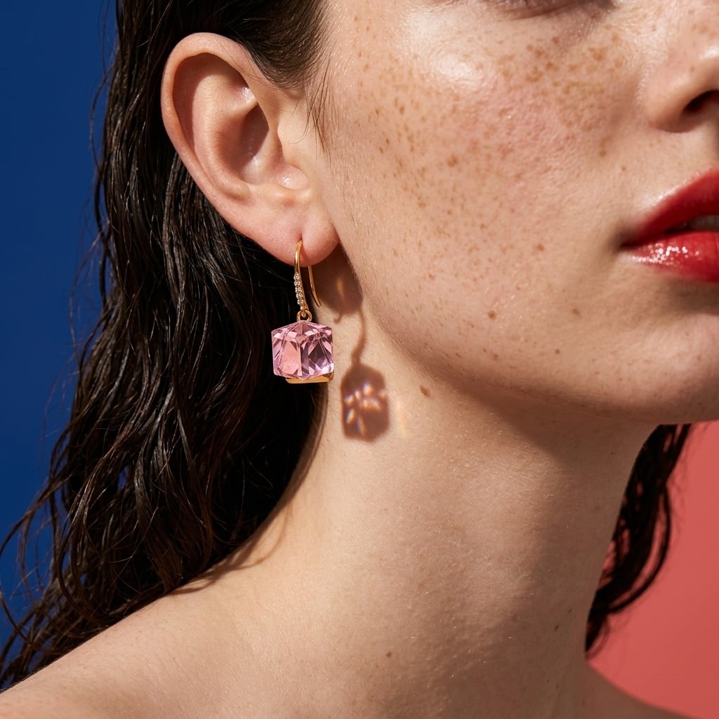 Boucles d'oreilles pendantes à crochet pavé de strass en acier inoxydable portées | Bloom × Blaze