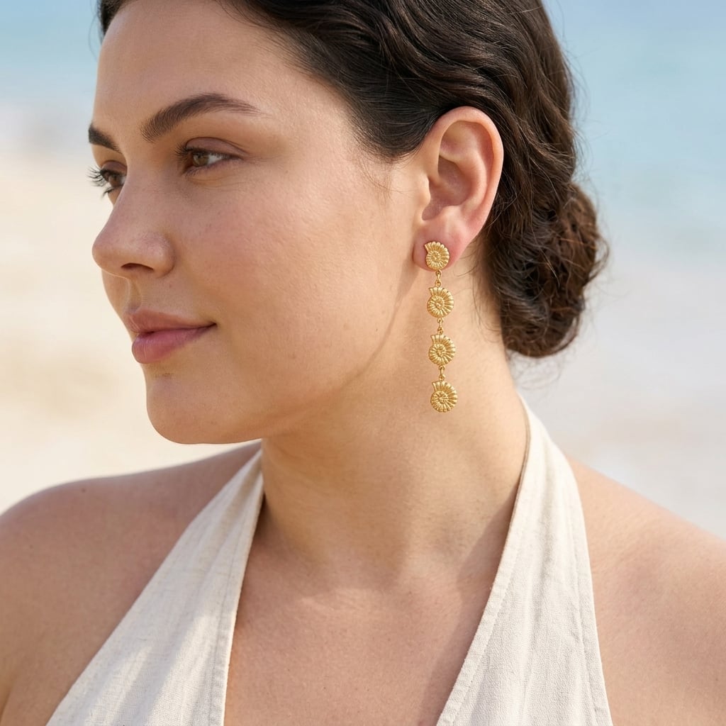 Boucles d'oreilles pendantes motifs conques en acier inoxydable doré porté | Bloom × Blaze