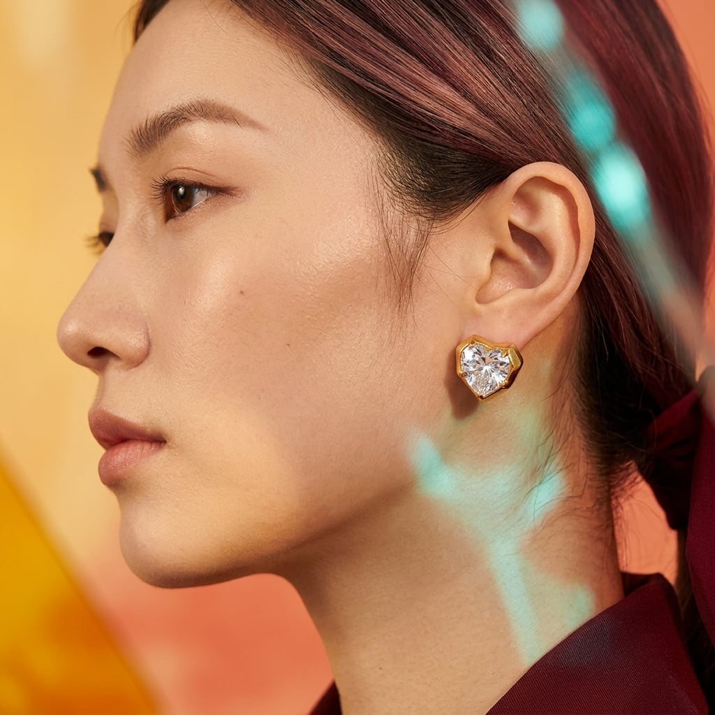 Boucles d'oreilles puces cœur en zircone et acier inoxydable porté | Bloom × Blaze