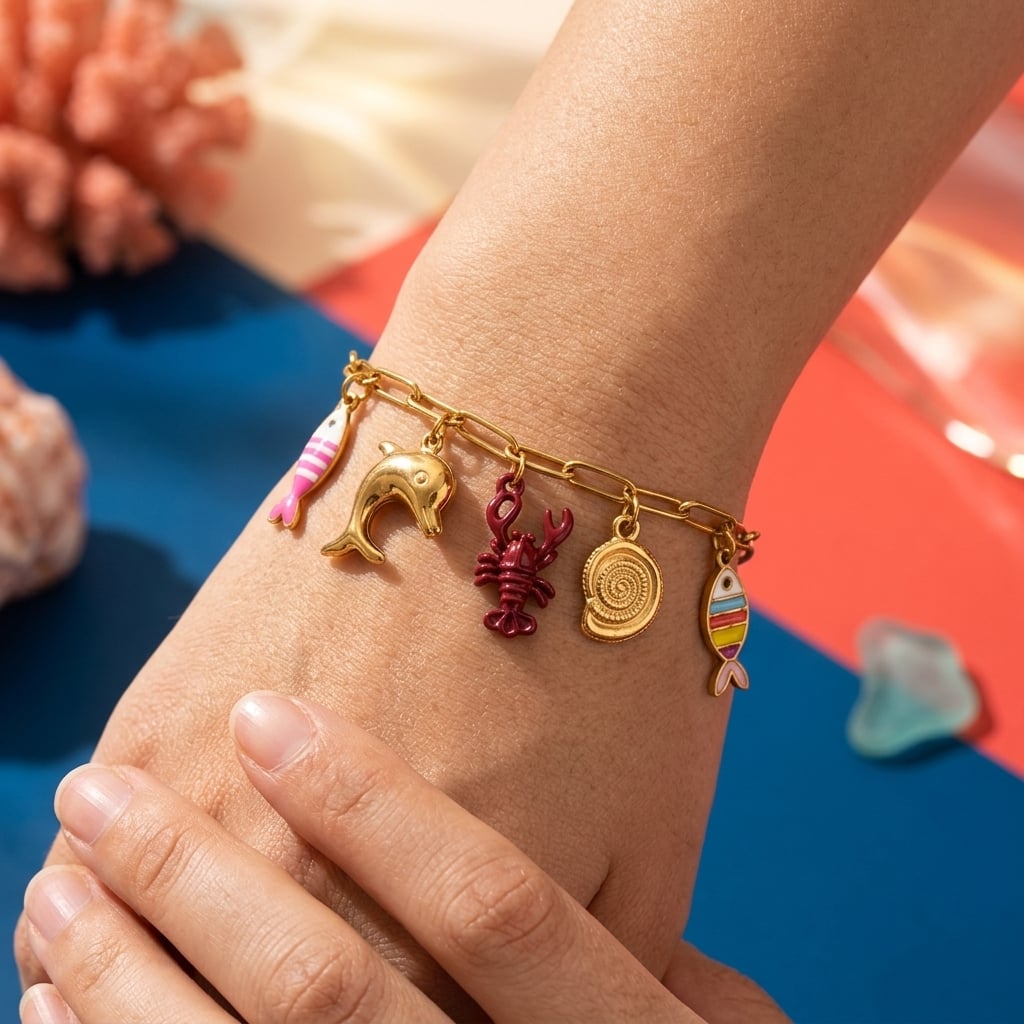 Bracelet chaîne trombone à breloques marines émaillées en acier inoxydable doré porté | Bloom × Blaze