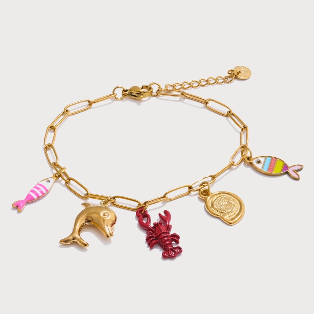Bracelet chaîne trombone à breloques marines émaillées en acier inoxydable doré | Bloom × Blaze