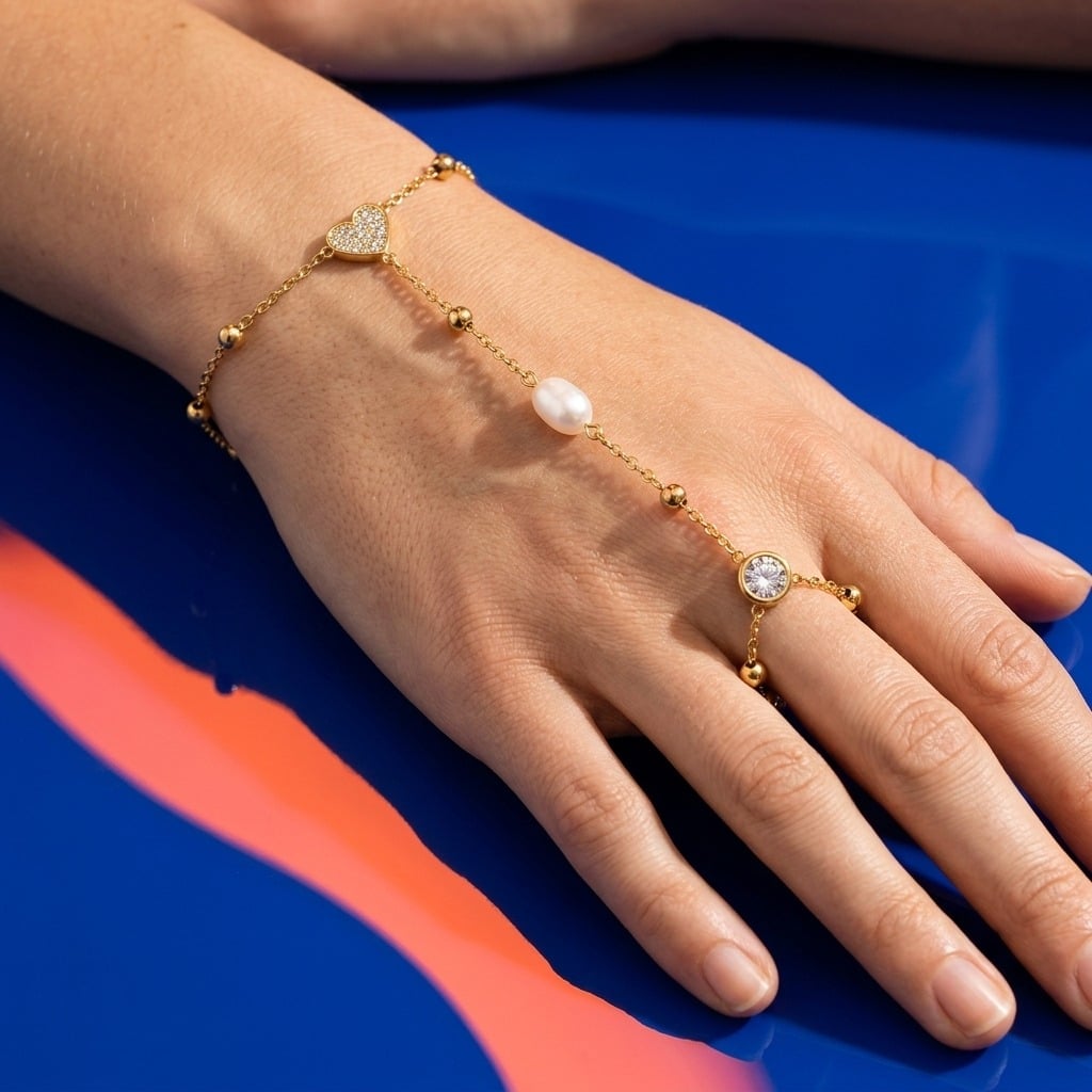 Bracelet de main baciamano en acier inoxydable et zircone cubique porté | Bloom × Blaze