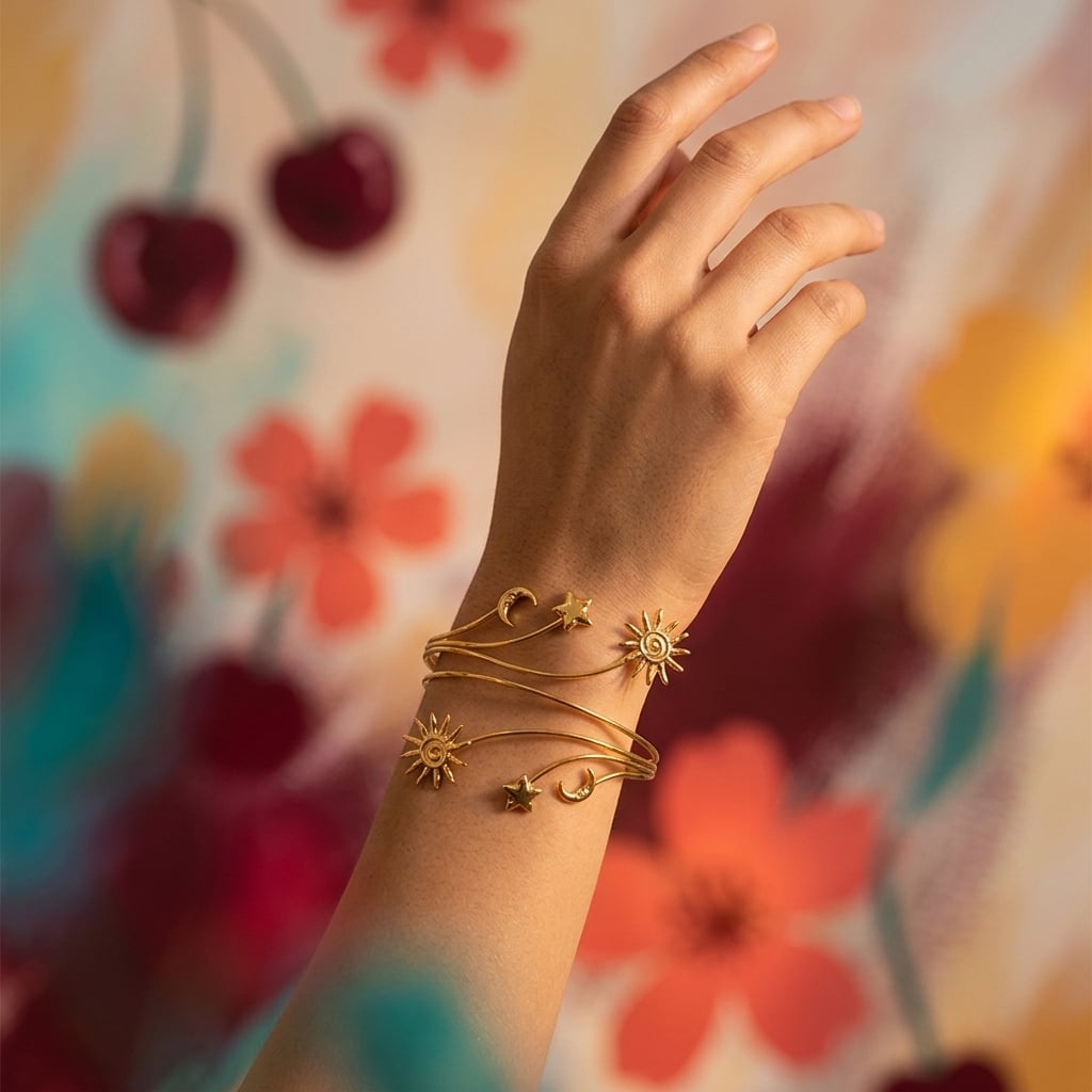 Bracelet de bras enroulé soleils, étoiles et lunes en acier inoxydable porté | Bloom × Blaze